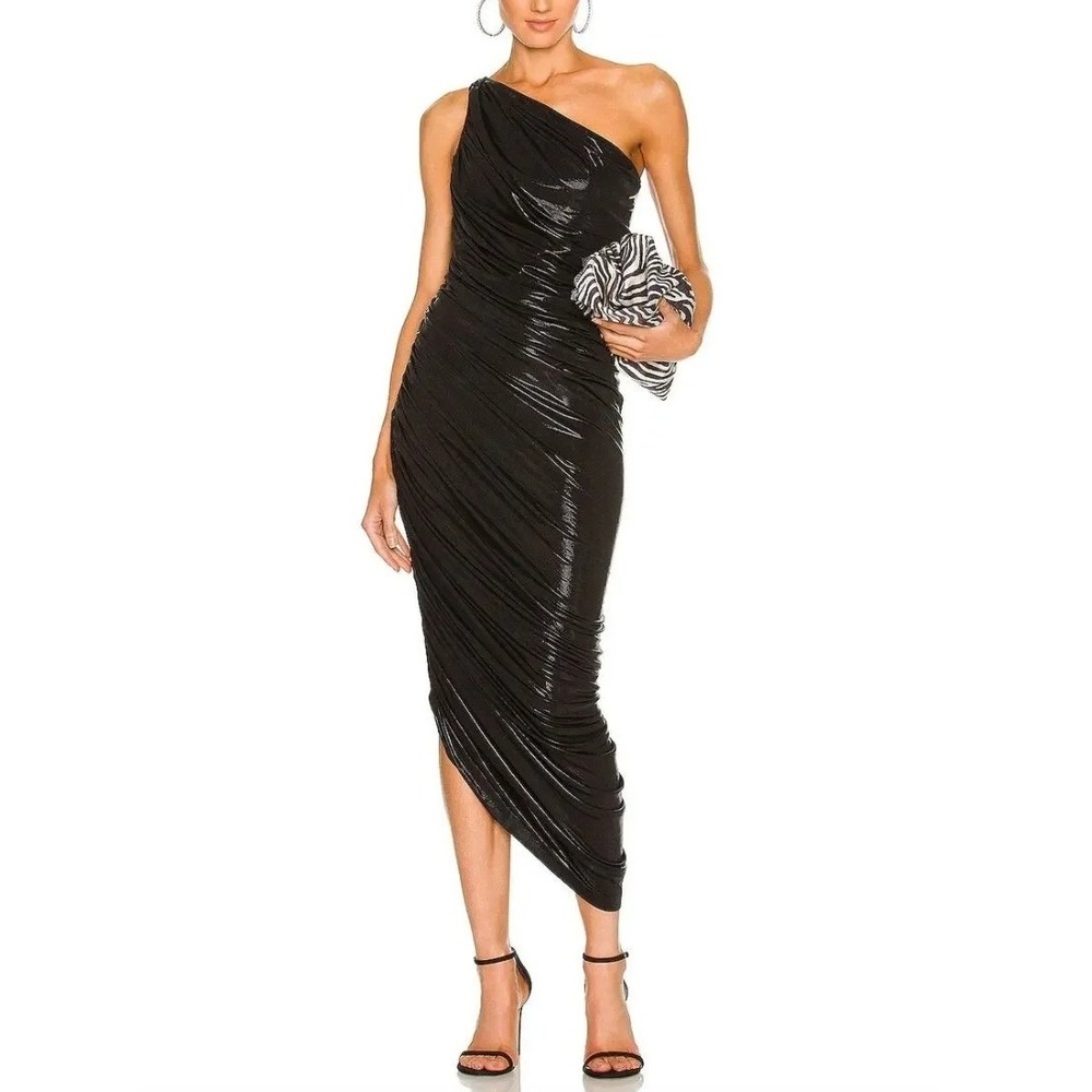 NORMA KAMALI Diana Metallic Ruched One-Shoulder Gown in Black